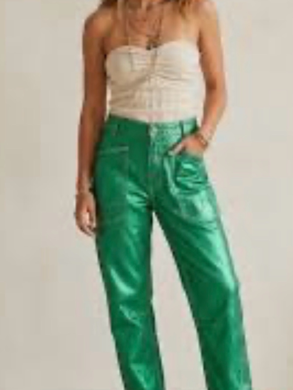 Free People green cotton Metallic denim minimalist moxie barrel Sz28/32” waist